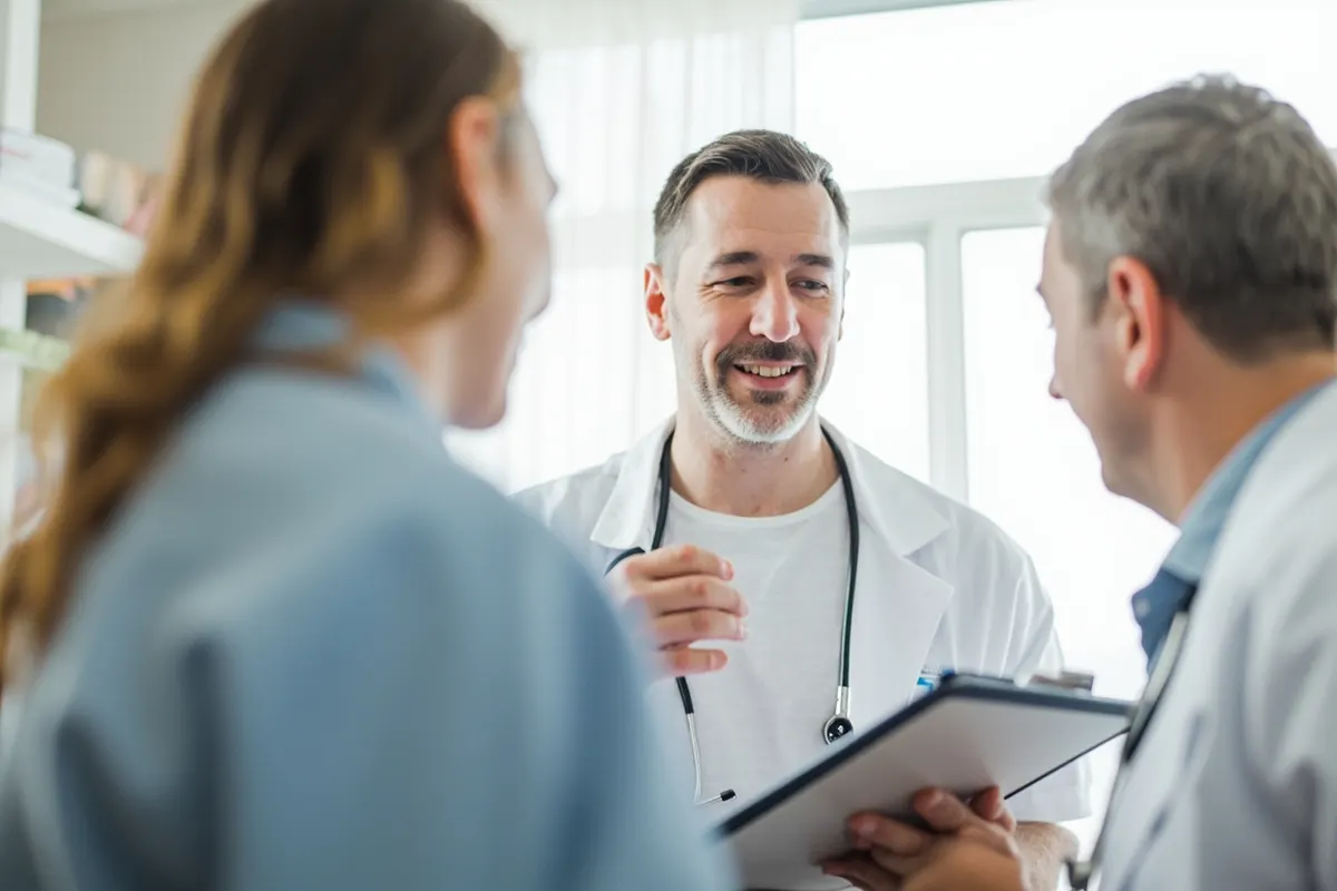 Persona joven hablando con su médico en una consulta luminosa
