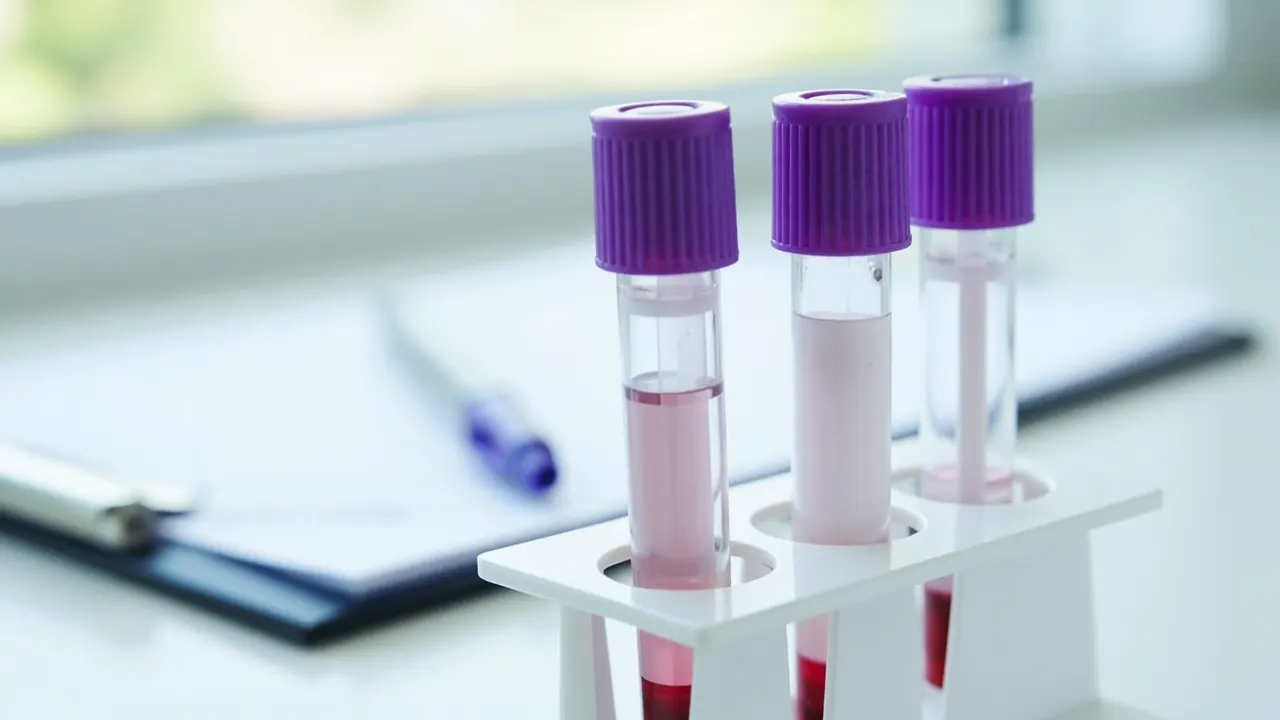 Tubos de sangre para un análisis de laboratorio sobre una mesa blanca