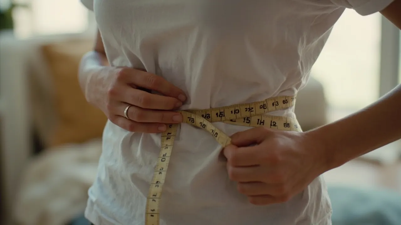 Manos anónimas midiendo la cintura con una cinta métrica sobre una camiseta blanca.