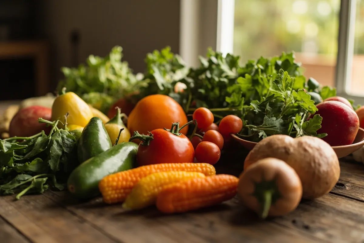 Verduras frescas sobre mesa de madera