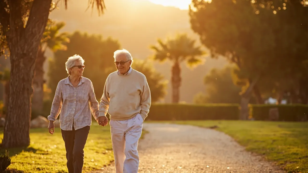 Pareja de personas mayores caminando por un parque al atardecer