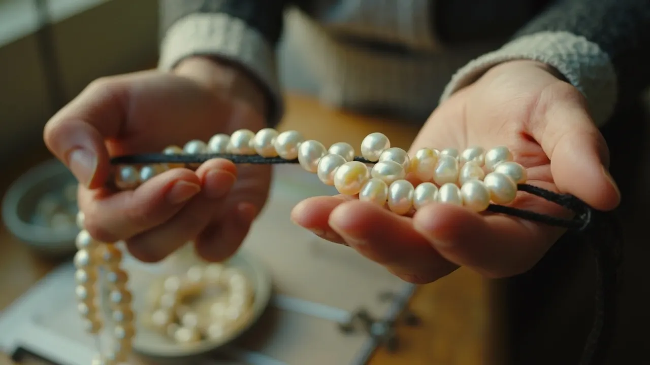 Manos anónimas ensartando perlas luminosas en un cordel fino, primer plano con luz natural.