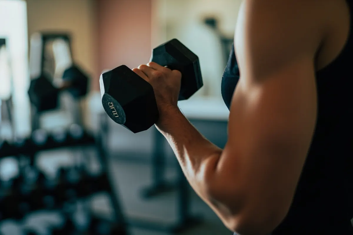 Persona entrenando con pesas, ejercicio clave para mantener la masa muscular tras dejar el fármaco inyectable.