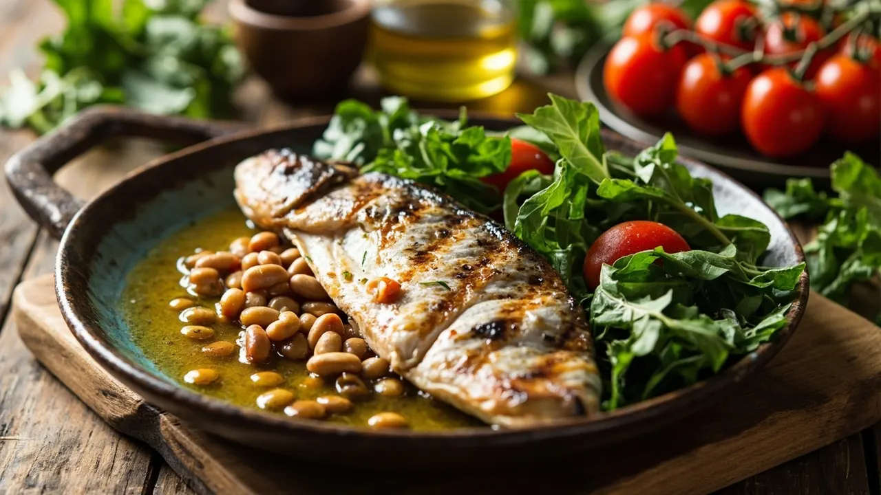 Plato con verduras, pescado y legumbres, ejemplo de alimentación recomendada para mantener el peso tras dejar un fármaco inyectable para adelgazar.