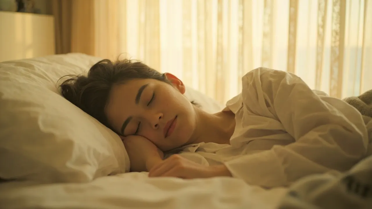 Persona durmiendo plácidamente sobre almohada blanca con luz matinal filtrada por cortina
