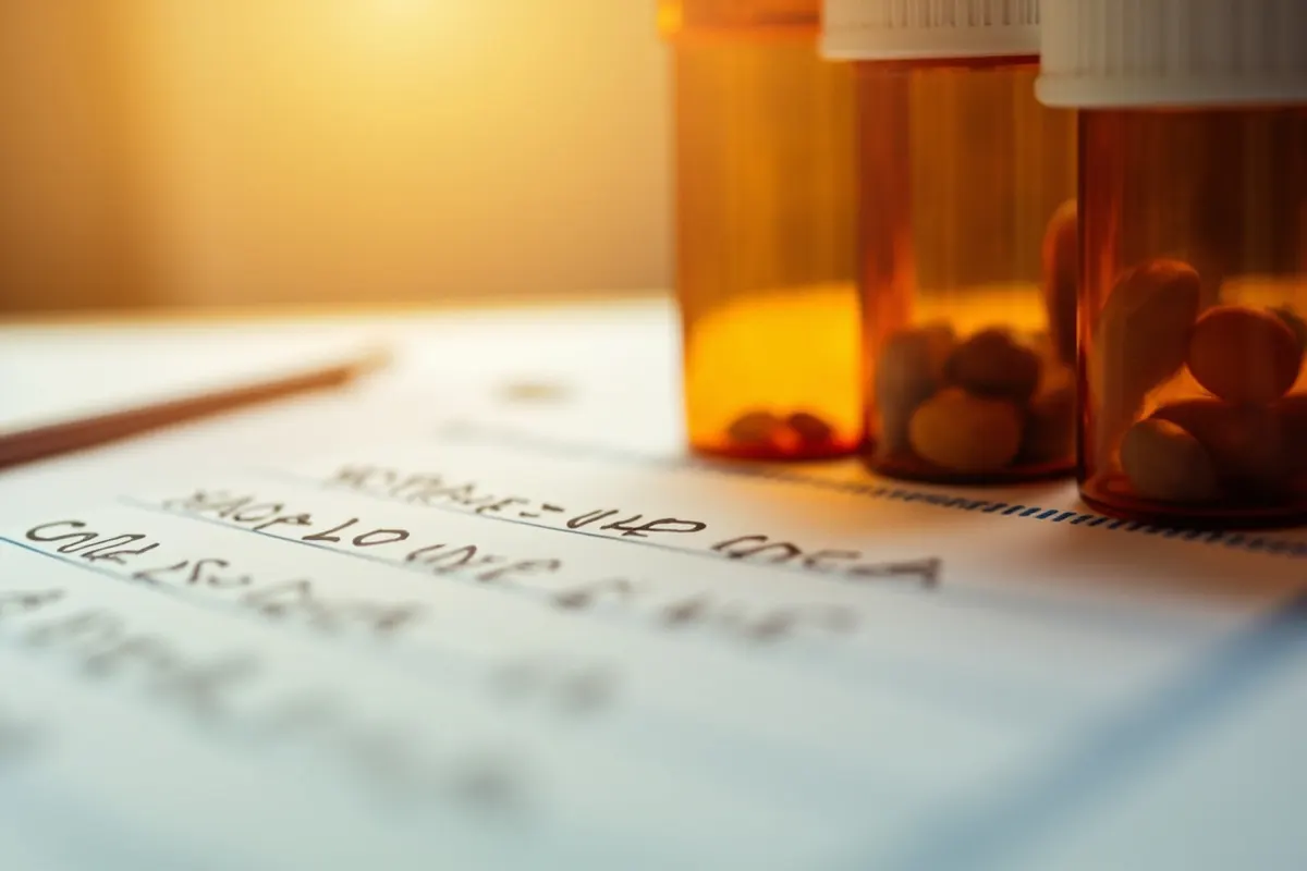 Lista de medicamentos escrita a mano junto a frascos de pastillas sobre una mesa iluminada con luz cálida