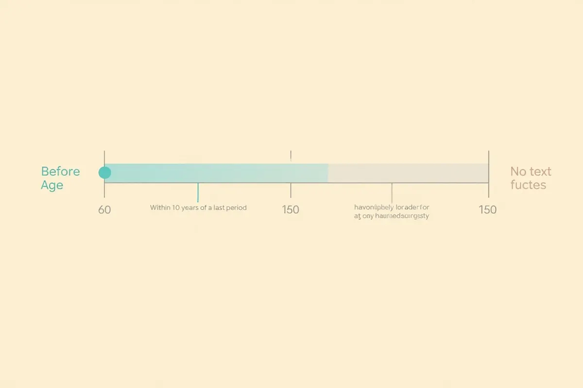 Línea de tiempo horizontal que muestra la ventana de oportunidad de la terapia hormonal: desde el inicio de los síntomas hasta los diez años tras la última regla o antes de los 60 años en franja favorable, y a partir de ahí en zona gris de valoración individual.