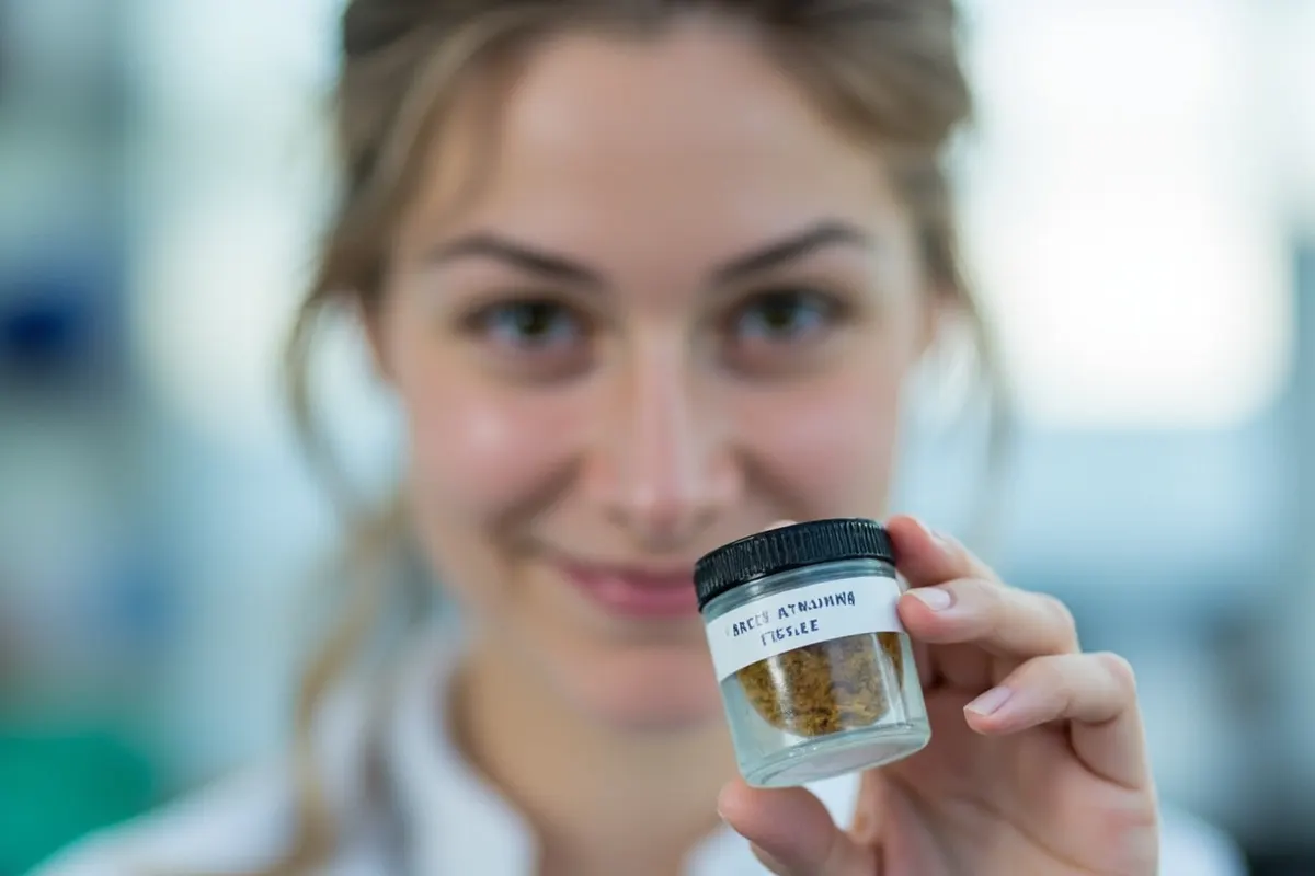 Investigadora sosteniendo un pequeño recipiente con una muestra de tejido cerebral