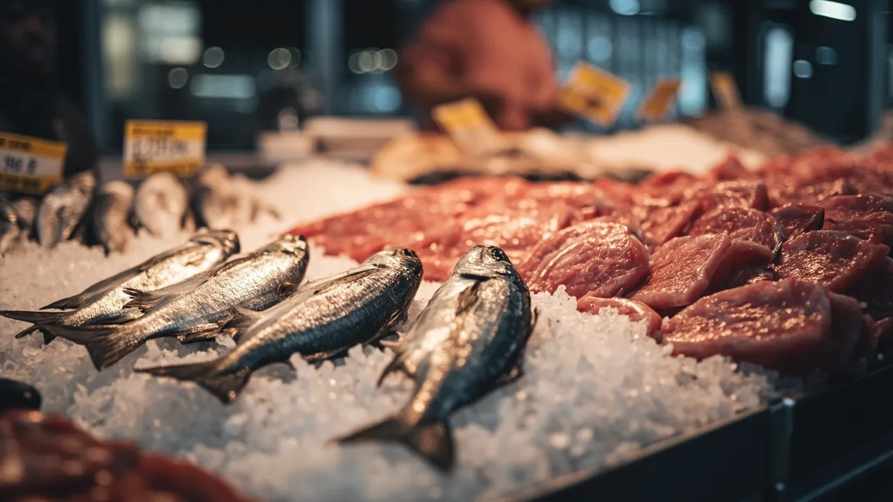 Pescado fresco sobre hielo en un puesto de mercado