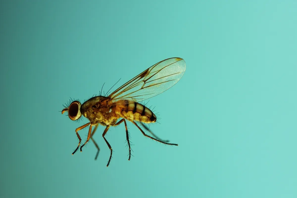 Ala de mosca Drosophila fotografiada en macro, con una zona dañada traslúcida junto a tejido intacto.