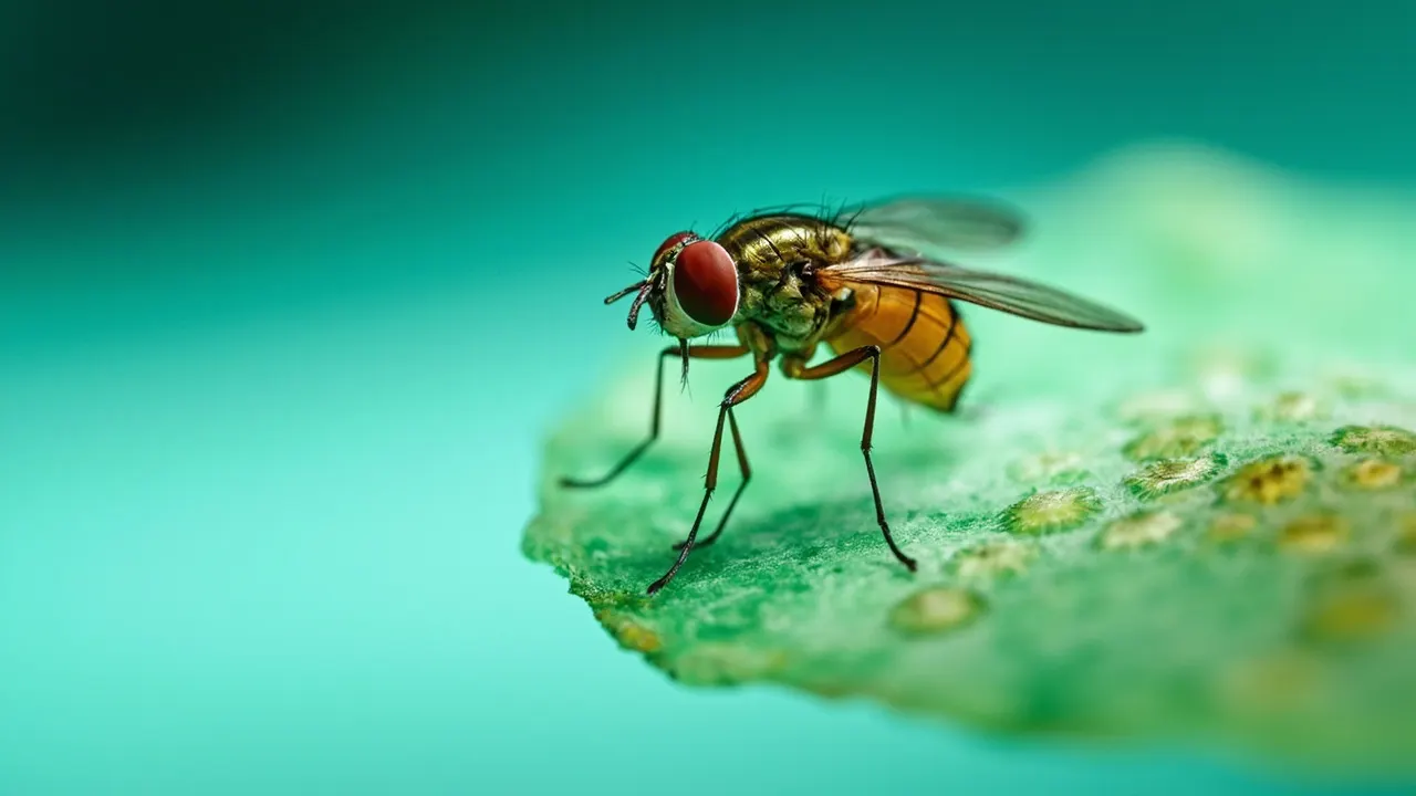 Mosca Drosophila vista en macro sobre un disco de tejido translúcido que evoca regeneración.