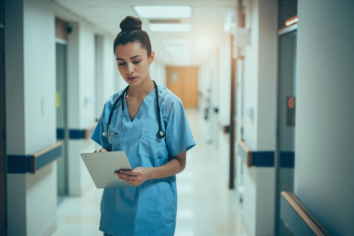 Enfermera con tableta en un pasillo de hospital moderno