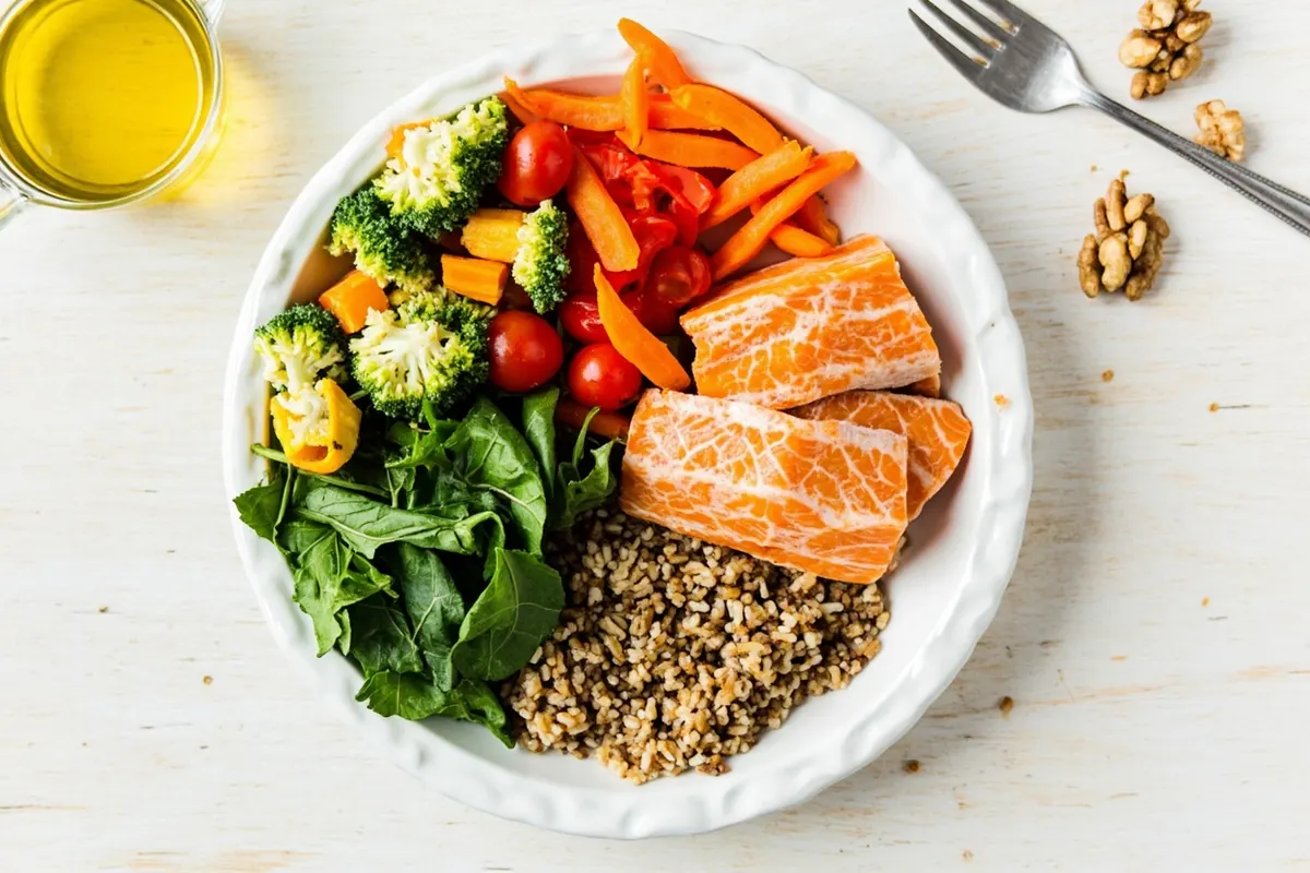 Vista cenital de un plato con verduras, cereales integrales, legumbres y salmón sobre mesa de madera.