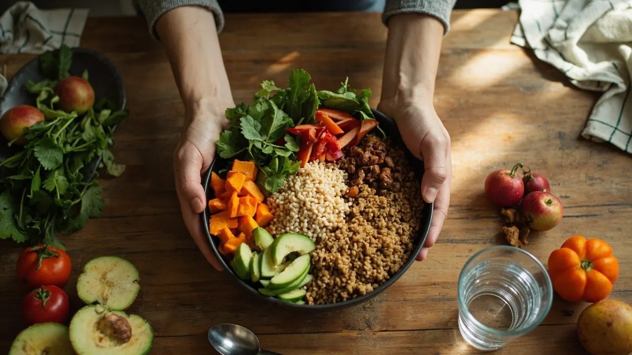 Manos preparando una comida equilibrada con verduras, frutas y cereales sobre mesa de madera