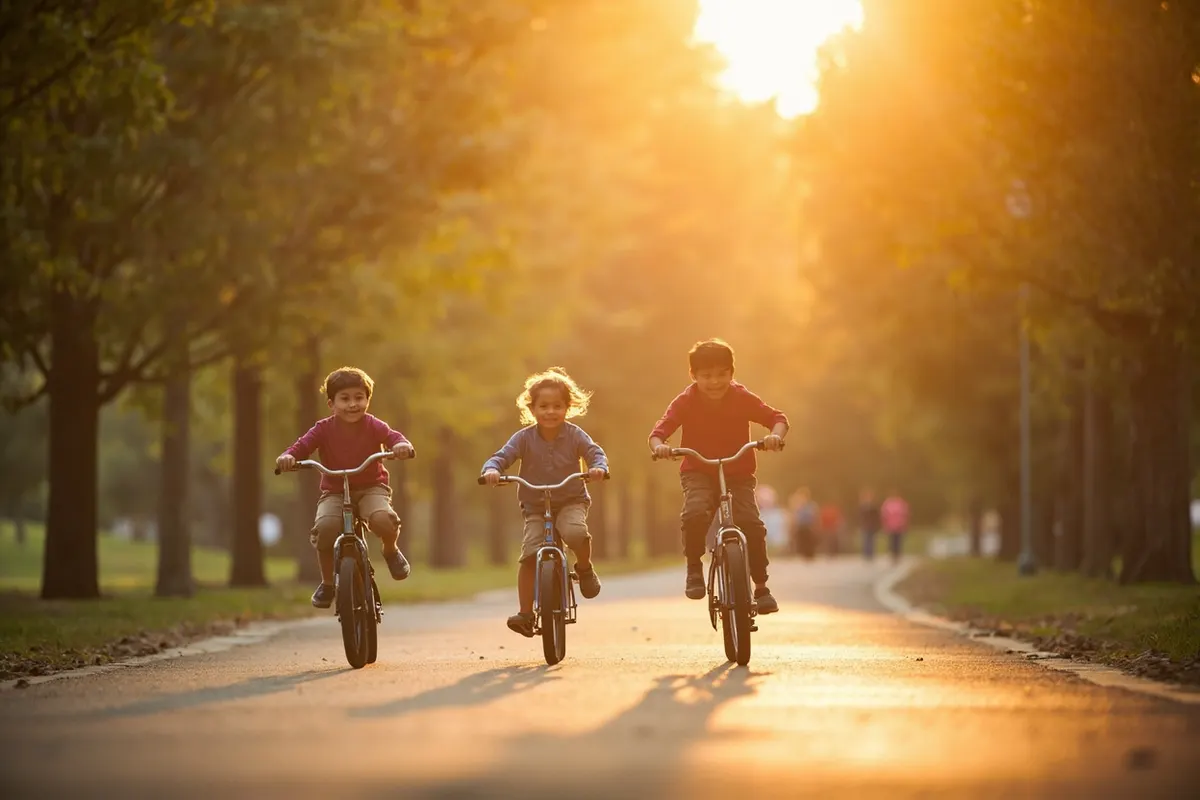 Niños jugando al aire libre en un parque al atardecer
