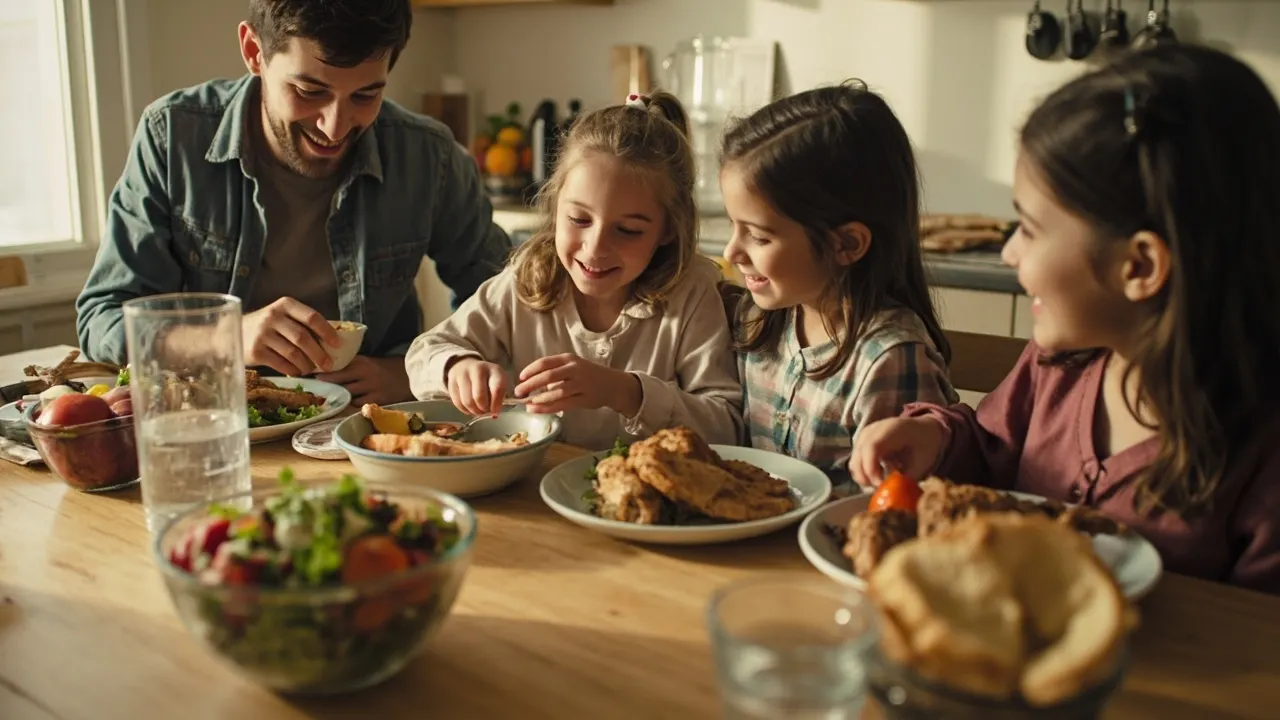 Familia comiendo comida real en una mesa luminosa, sin ultraprocesados