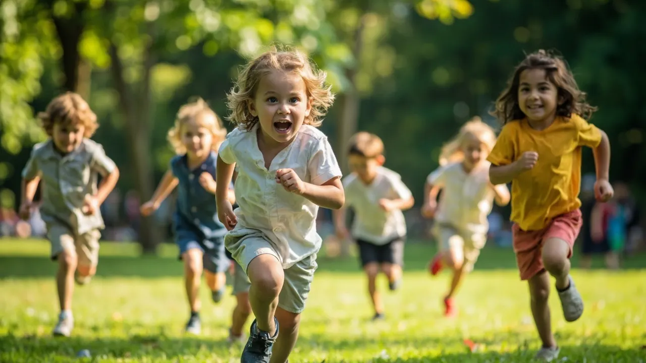 Niños de distintas edades jugando al aire libre en un parque, en una imagen que ilustra la importancia de la actividad física frente al sobrepeso infantil.