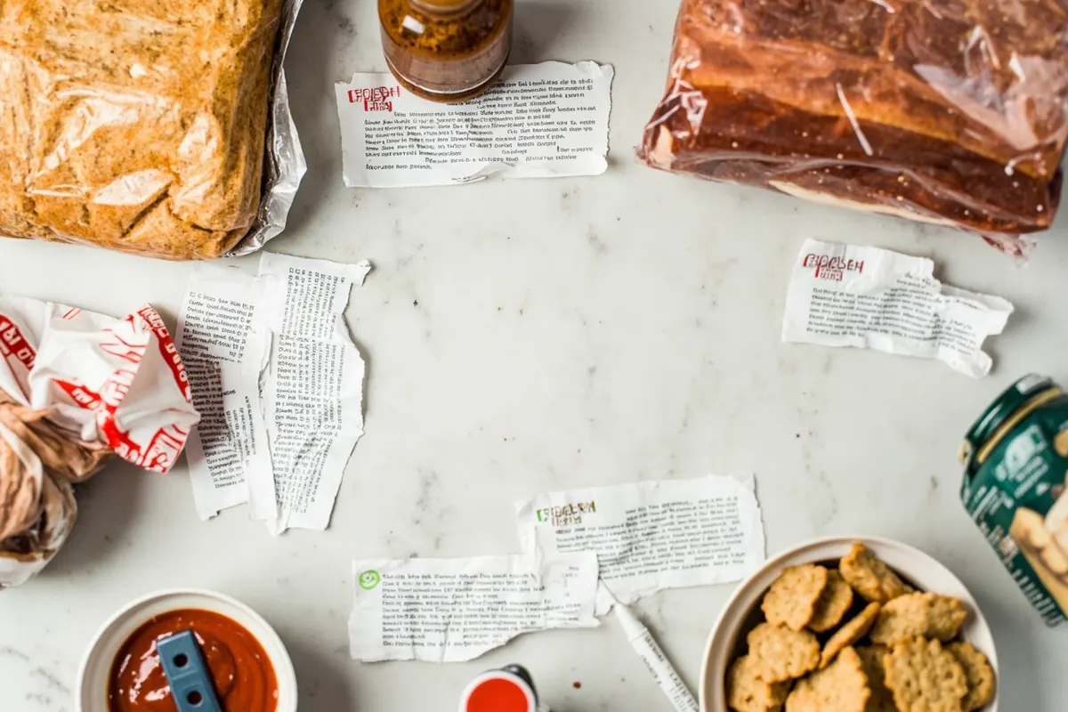 Vista cenital de varias etiquetas de ingredientes de alimentos procesados sobre una encimera clara.