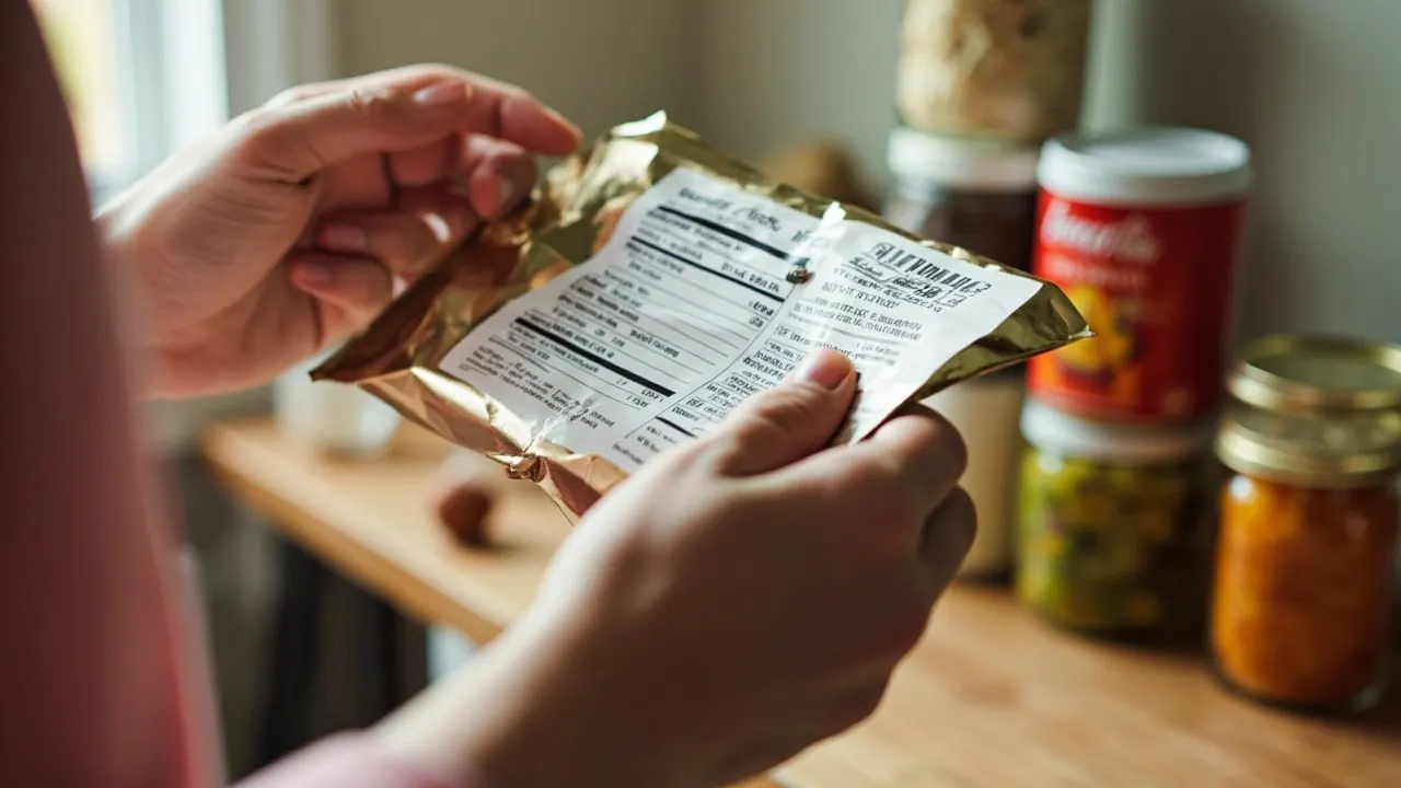 Persona leyendo la lista de ingredientes en un envase de alimento procesado