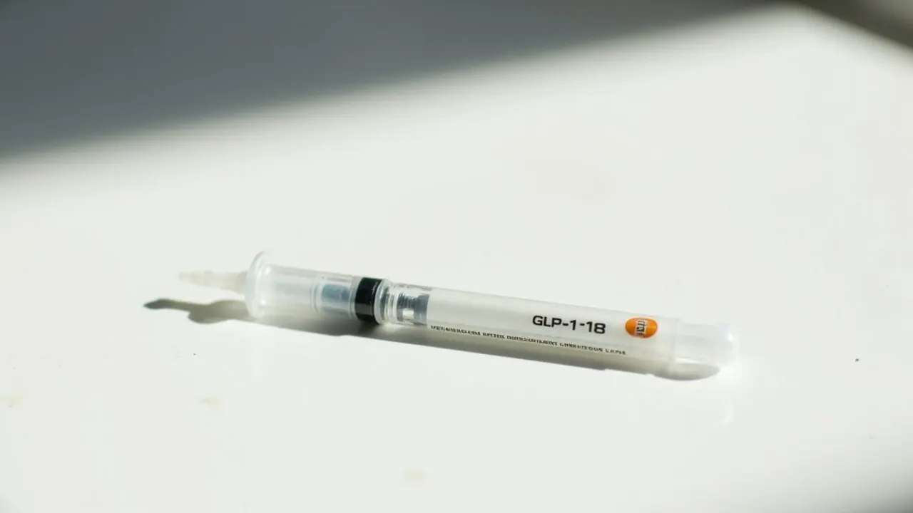 Pluma de inyección de un medicamento GLP-1 sobre una superficie blanca.
