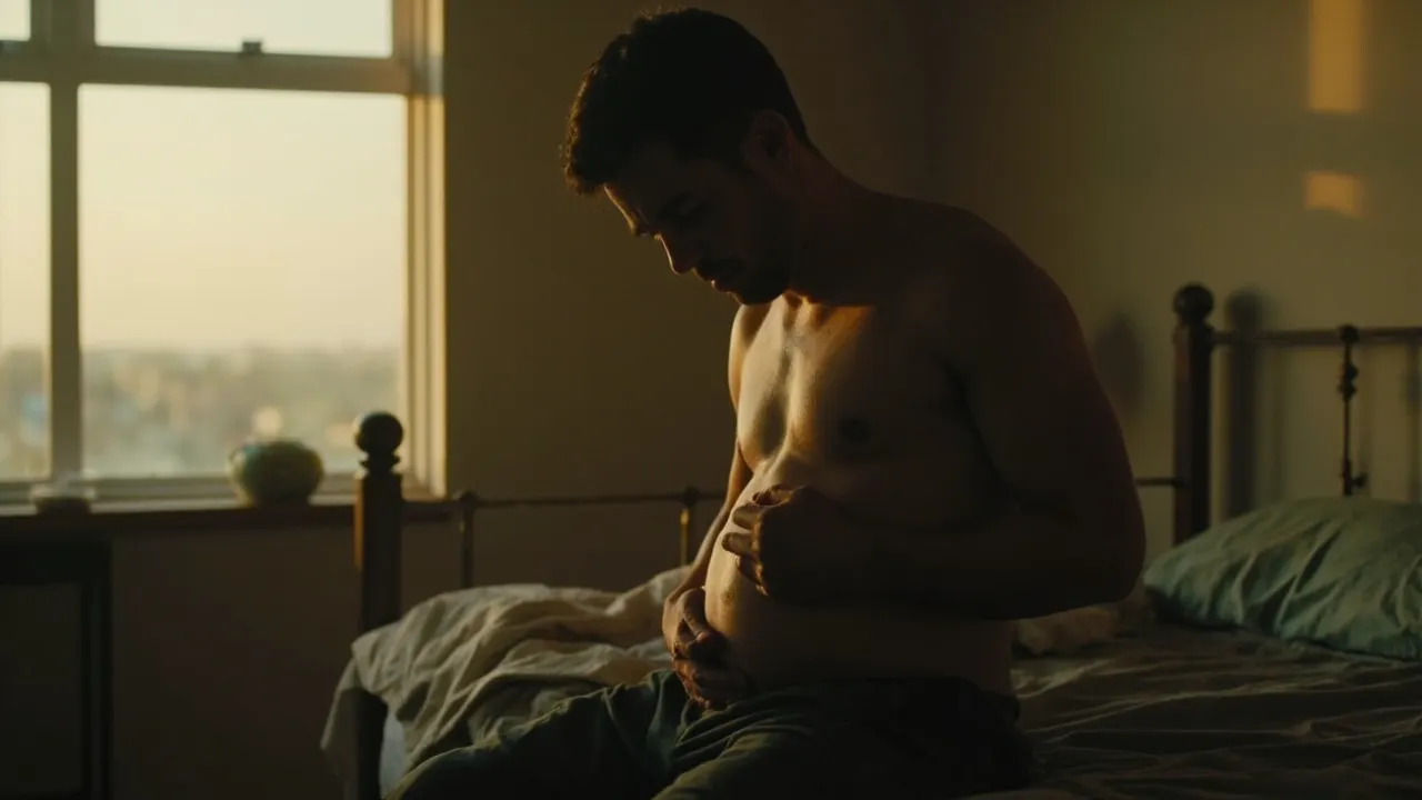 Persona en su dormitorio sujetándose la parte baja derecha del abdomen bajo luz natural de la mañana.