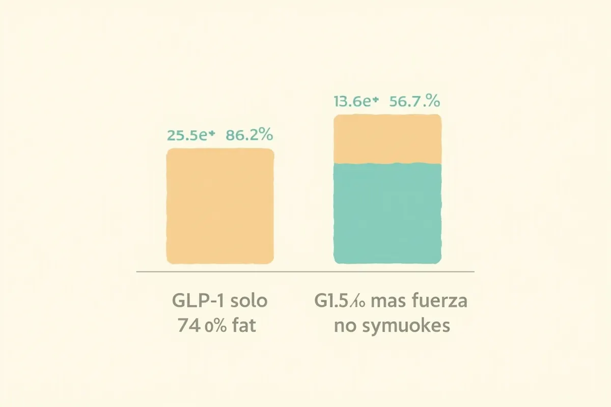 Dos barras horizontales comparando la composición del peso perdido: con GLP-1 solo, 26 % de masa magra; con GLP-1 más entrenamiento de fuerza, 17,5 % de masa magra.