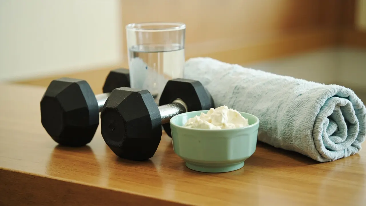 Pareja de mancuernas hexagonales con una toalla enrollada, un vaso de agua y un cuenco de requesón sobre un banco de gimnasio, con luz natural suave.