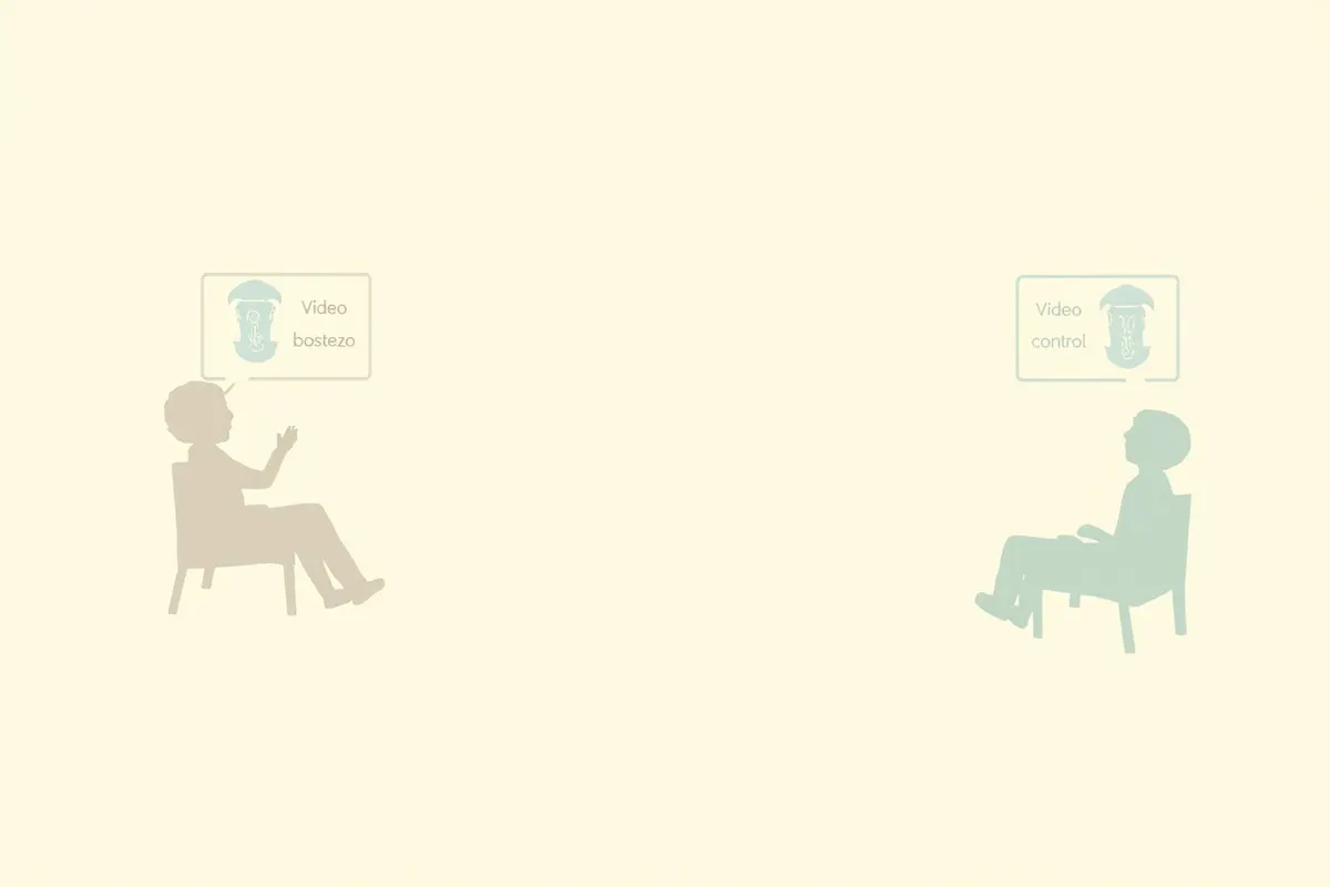 Esquema del diseño experimental: un niño ve primero un vídeo con bostezos y luego un vídeo control con movimientos de boca neutros.