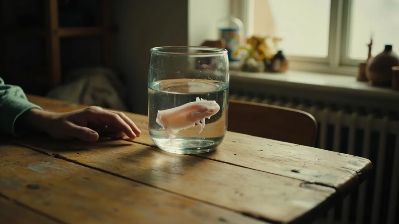 Mano anónima junto a un pequeño acuario con un ajolote pálido sobre una mesa de madera.