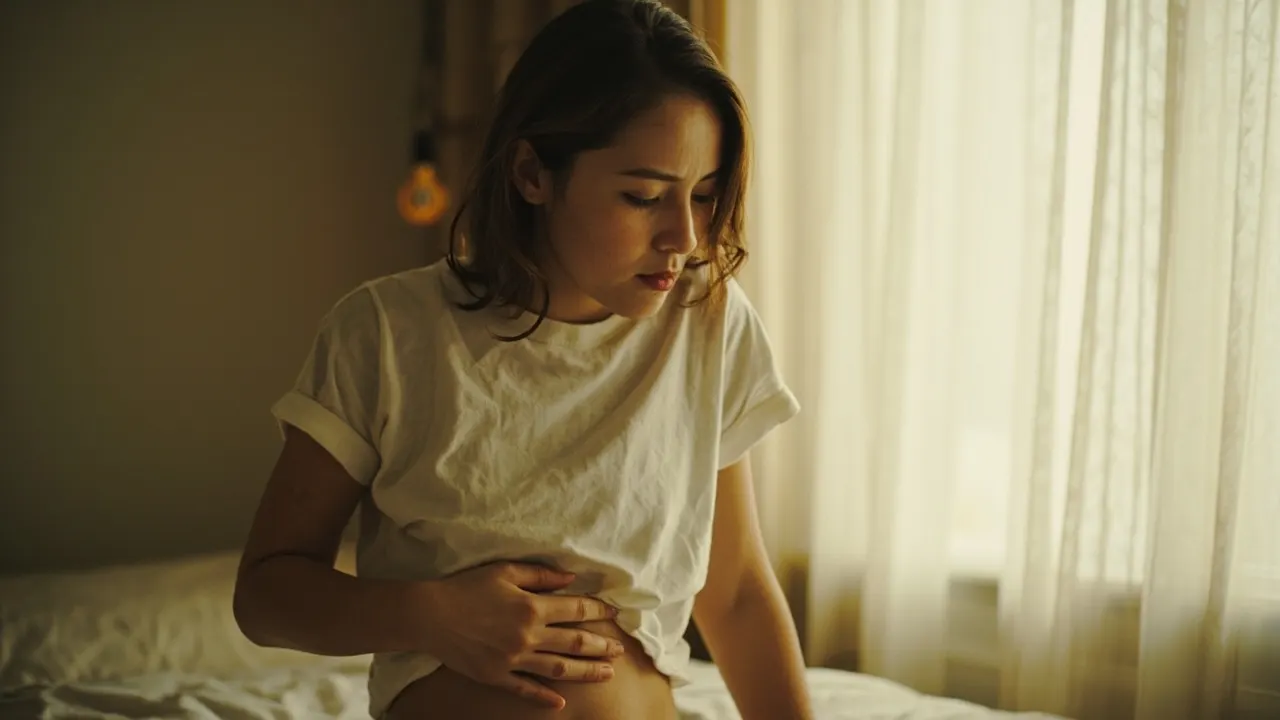Mujer en su dormitorio con la mano sobre el bajo vientre, luz tenue de mañana.