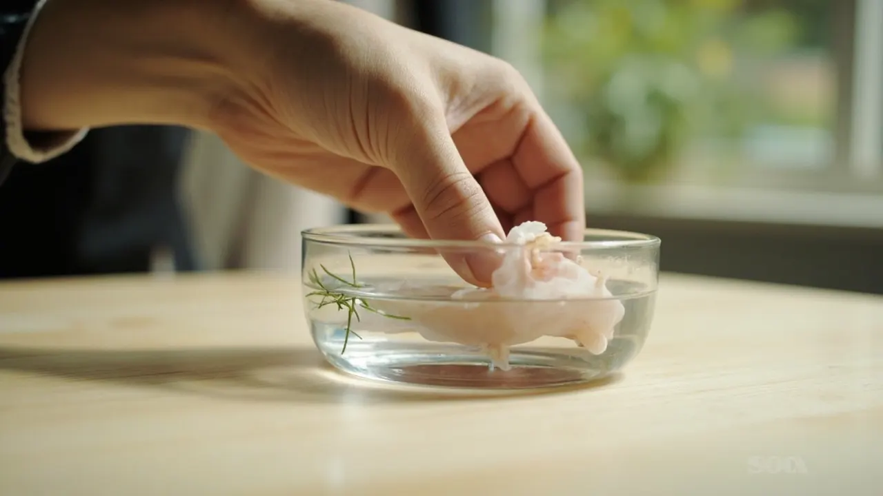 Mano anónima colocando un pequeño ajolote rosado en un plato de cristal con agua.