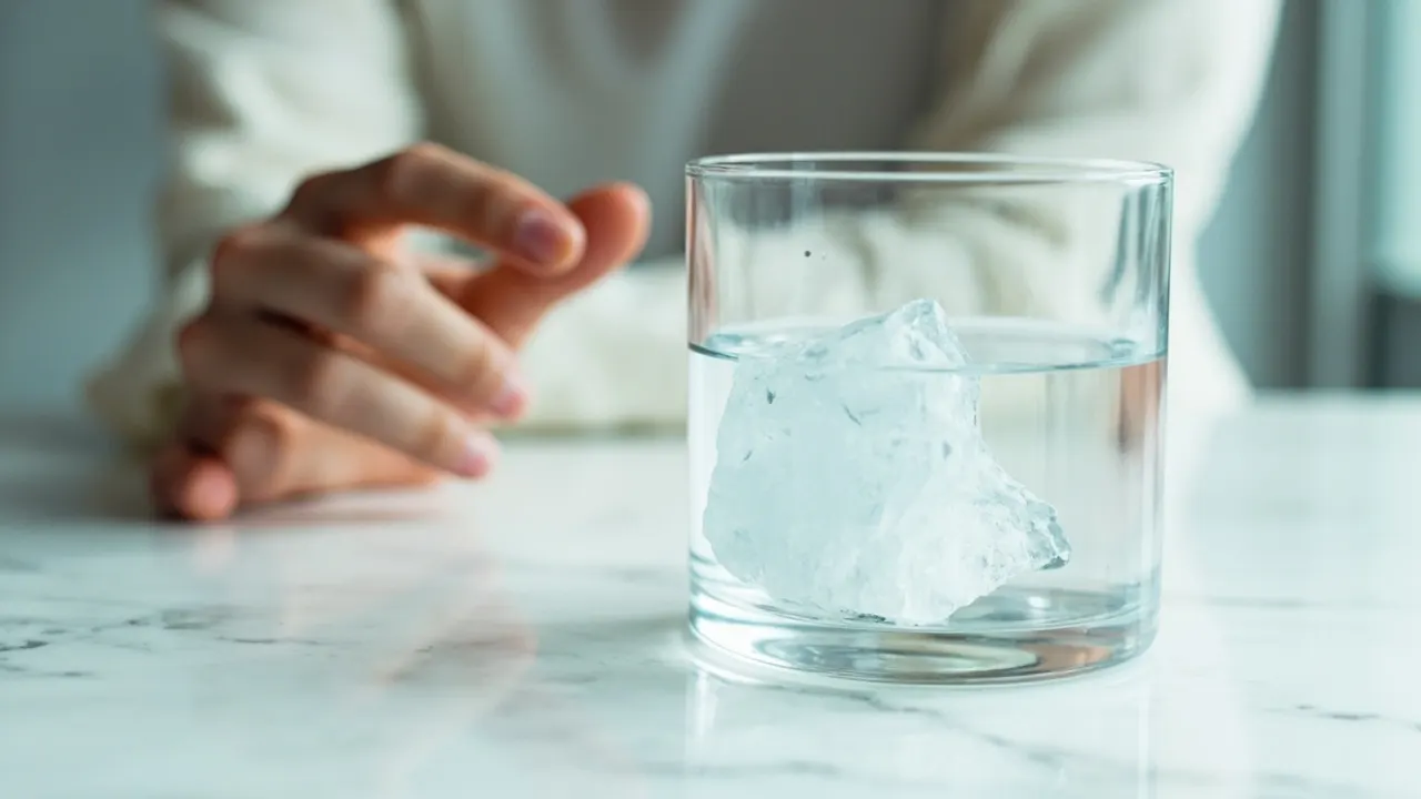 Mano anónima junto a un vaso con un pequeño iceberg flotante, solo la punta visible