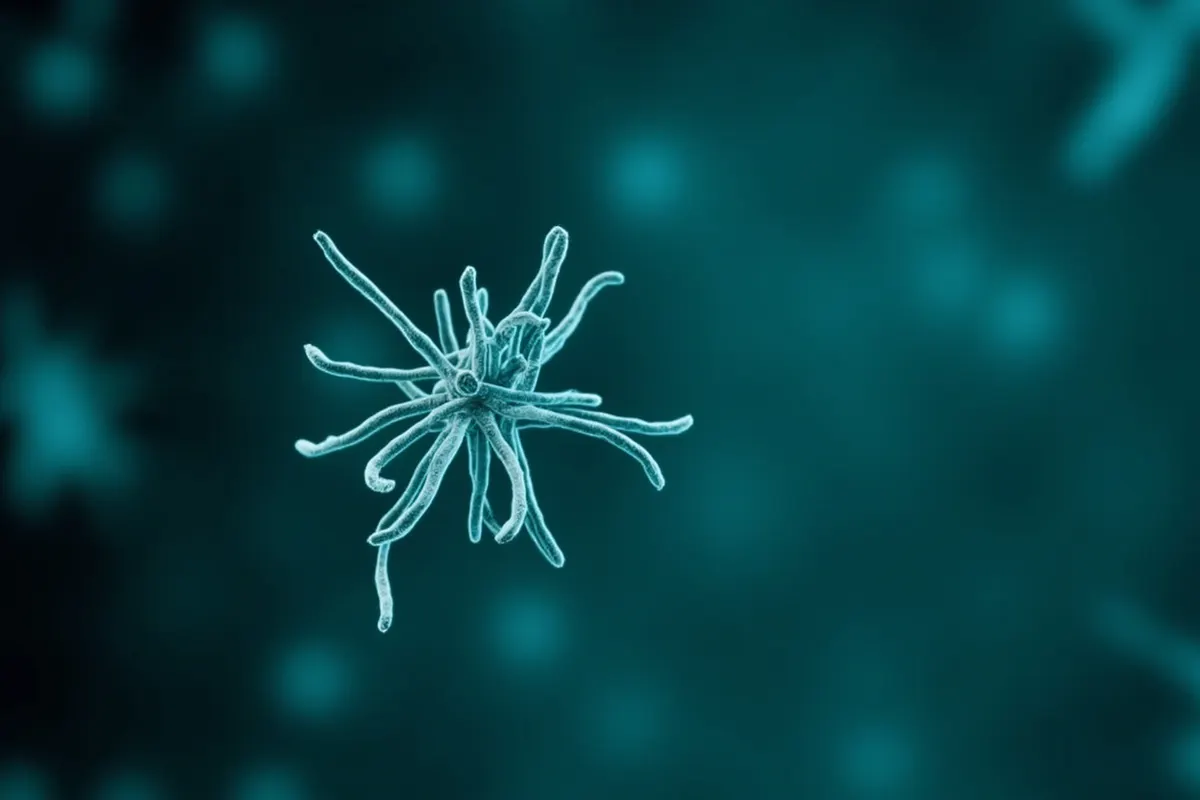 Filamentos largos y curvados del virus del ébola flotando sobre fondo oscuro teal, ilustración microscópica.