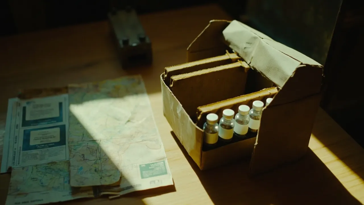 Caja de frío de campañas sobre una mesa de madera con varios frascos pequeños de vacuna, junto a un folleto de protocolo de la OMS y un mapa de papel, bañados por luz dorada de la tarde.
