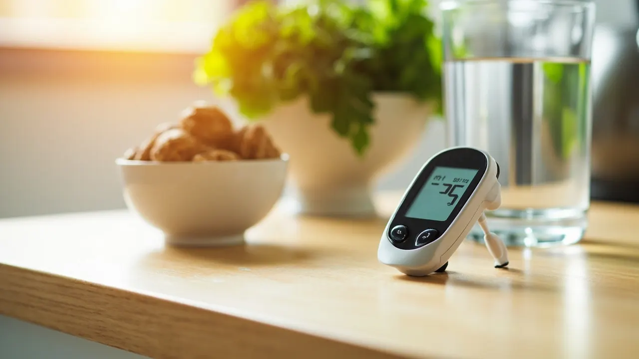 Medidor de glucosa sobre encimera con alimentos saludables