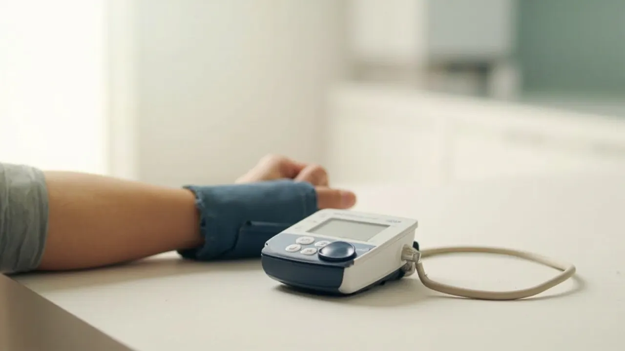 Tensiómetro digital de brazo sobre una superficie neutra