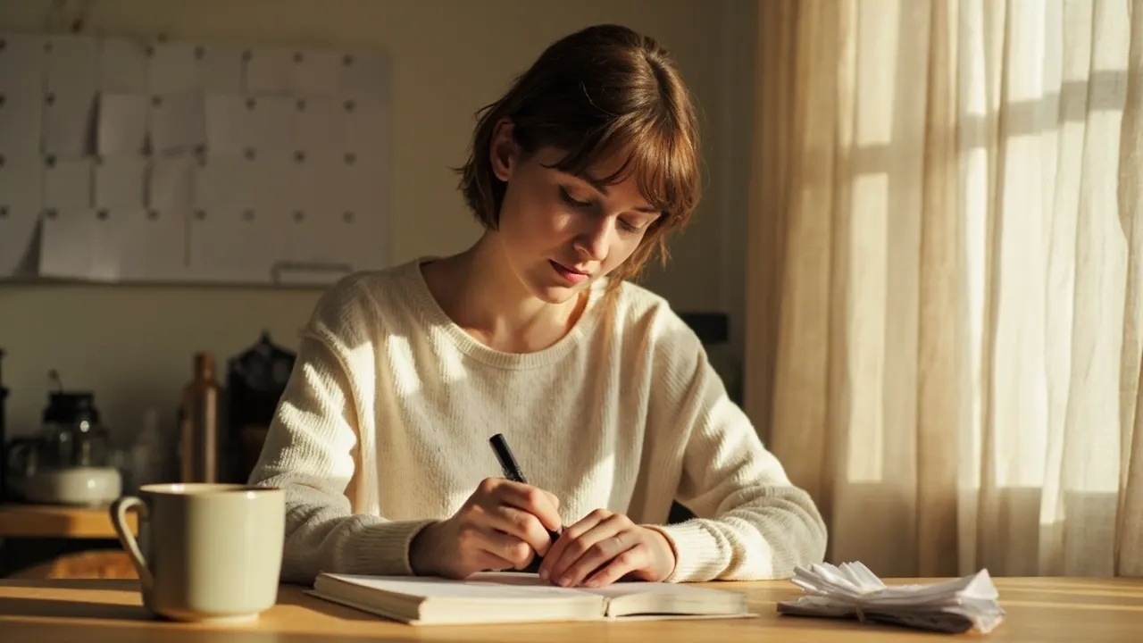Mujer anotando en una libreta junto a un calendario de pared en una cocina con luz matinal.