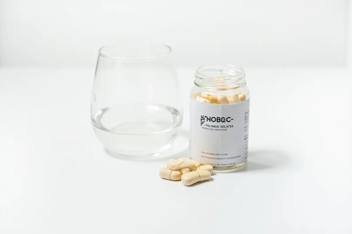Cápsulas de probióticos junto a un vaso de agua