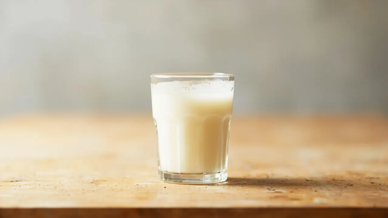 Vaso de kéfir sobre mesa de madera