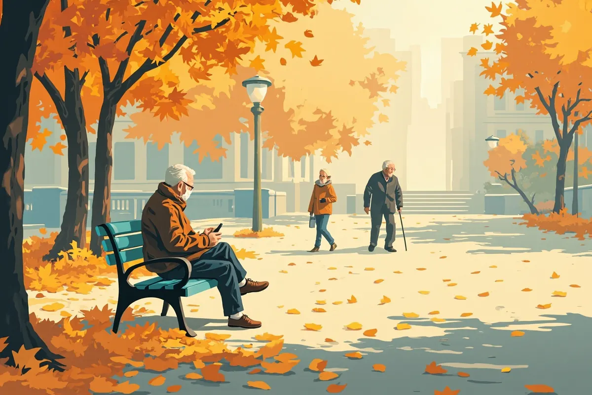 Pareja de personas mayores caminando de espaldas por un parque en otoño