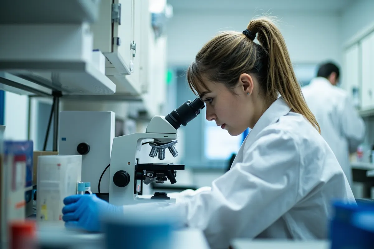 Investigadora observando células al microscopio en un laboratorio