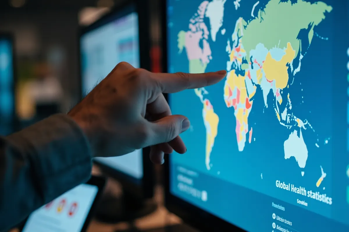 Investigadora señalando estadísticas globales de salud en una pantalla