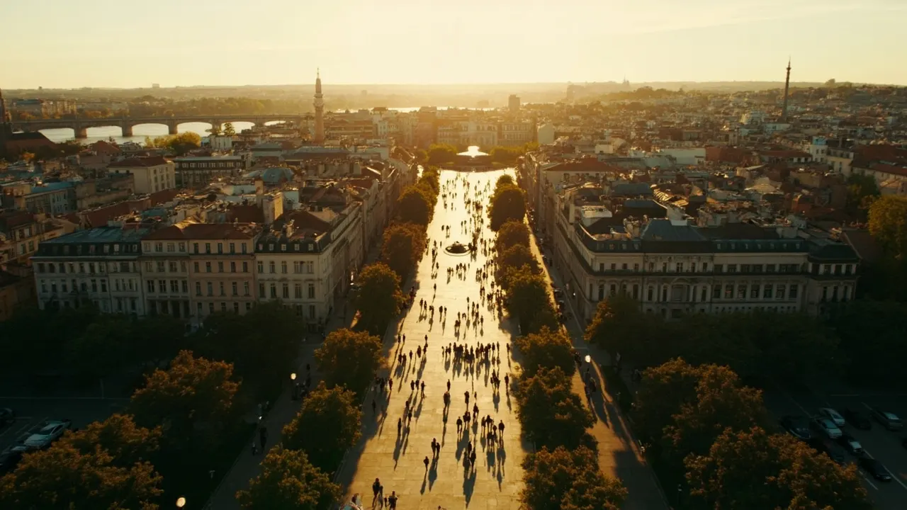 Vista aérea de una ciudad moderna y limpia al atardecer, con parques y avenidas anchas