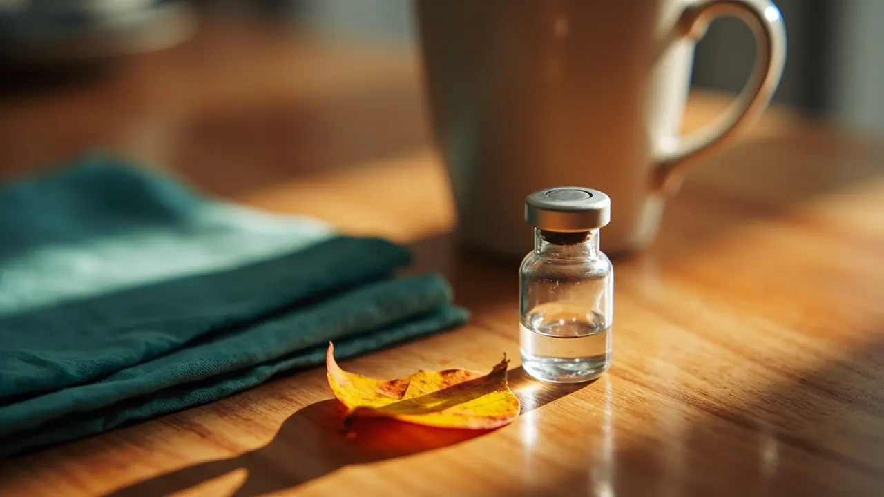 Vial de cristal sobre una mesa de madera con un paño turquesa y una hoja de otoño, simbolizando la vacunación antigripal.