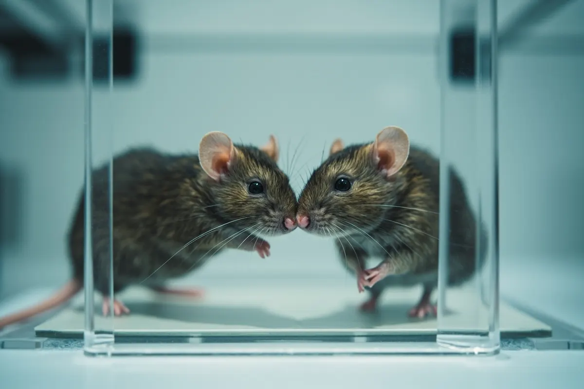 Dos ratones en una jaula de laboratorio durante una prueba de comportamiento