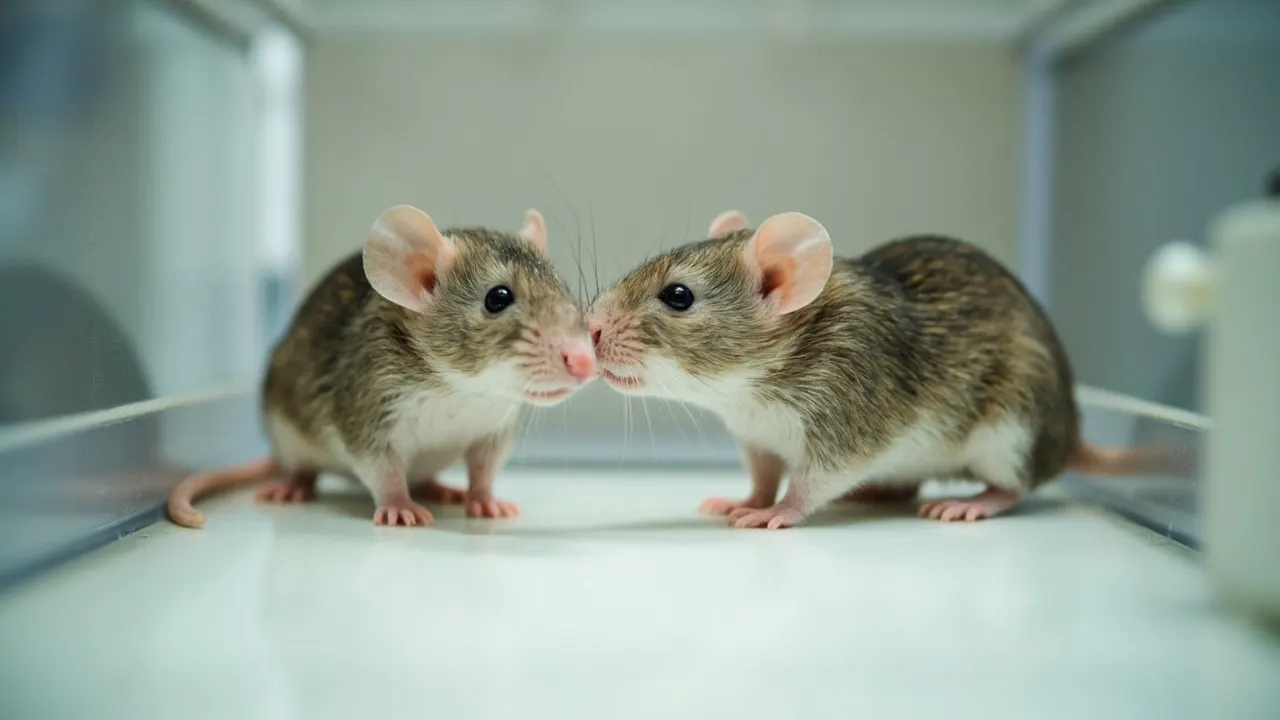 Dos ratones de laboratorio en una jaula, uno acercándose al otro