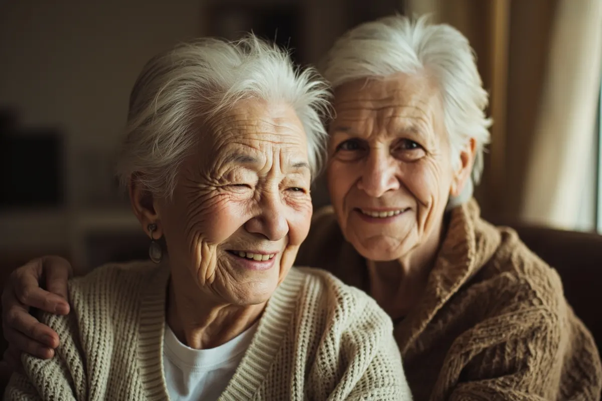 Pareja de personas mayores sonriendo en casa
