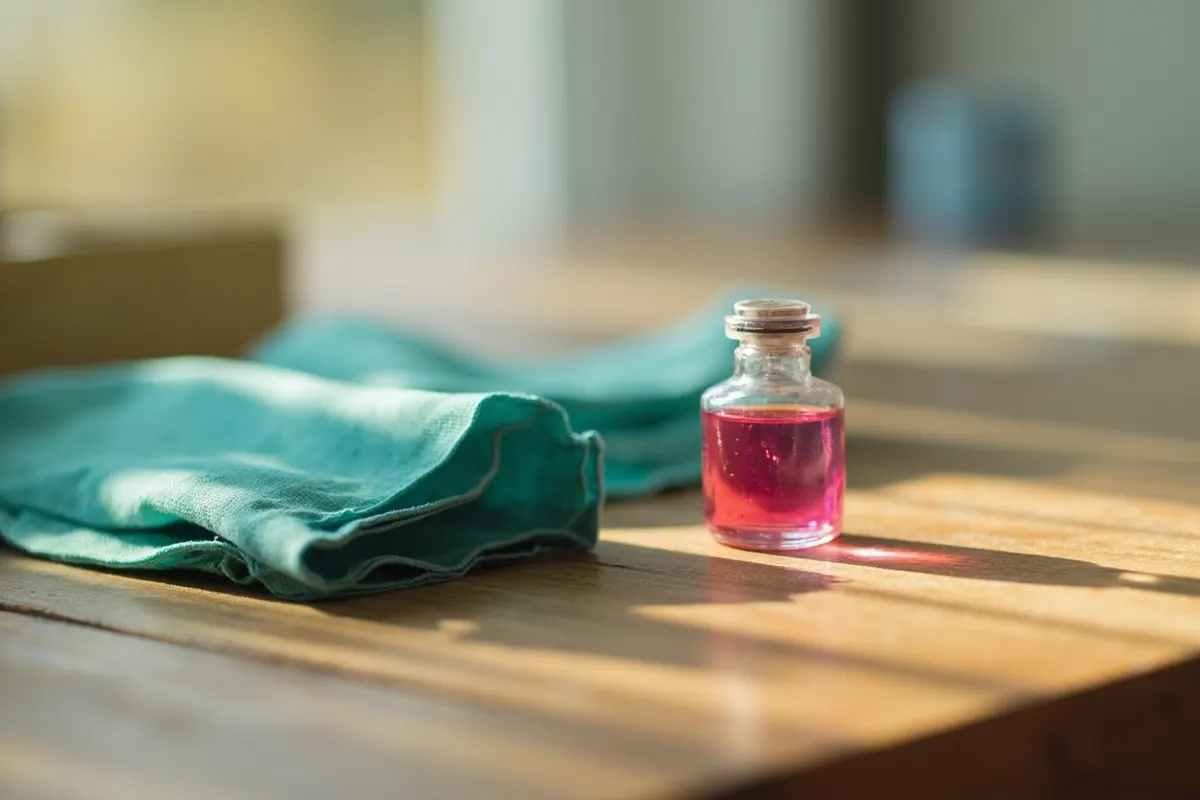 Vial de cristal con un líquido rosado sobre una mesa de madera con un paño turquesa, simbolizando la investigación en oncología.