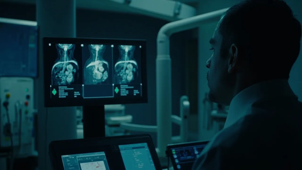 Pantalla con resonancia magnética del corazón en una sala de lectura médica