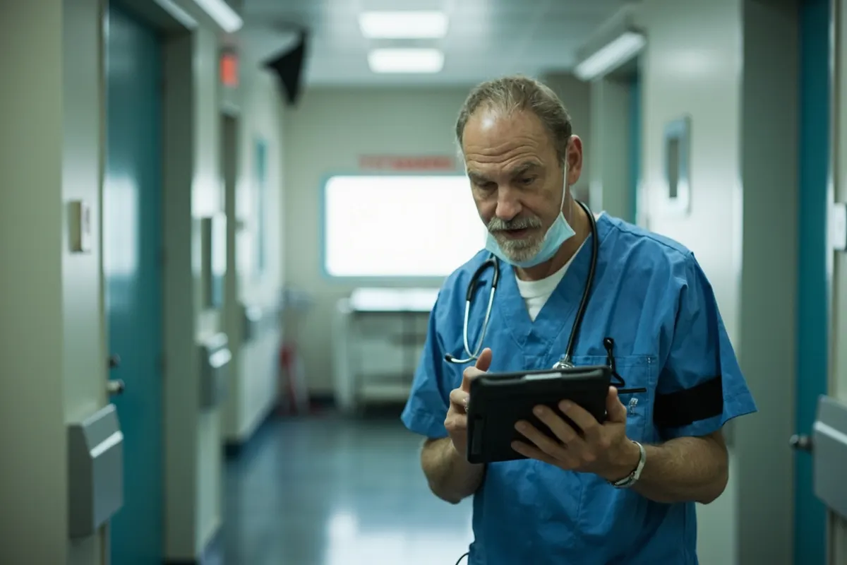 Médico de urgencias revisando guías clínicas en una tablet